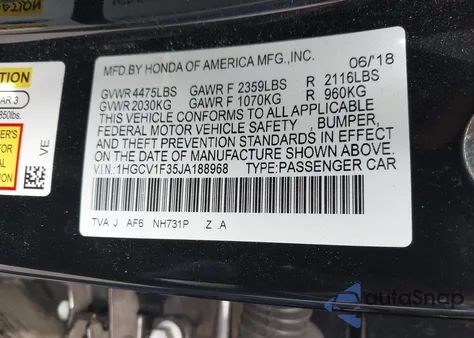 2018 Honda Accord Sport из США, поврежденный, VIN 1HGCV1F35JA188968